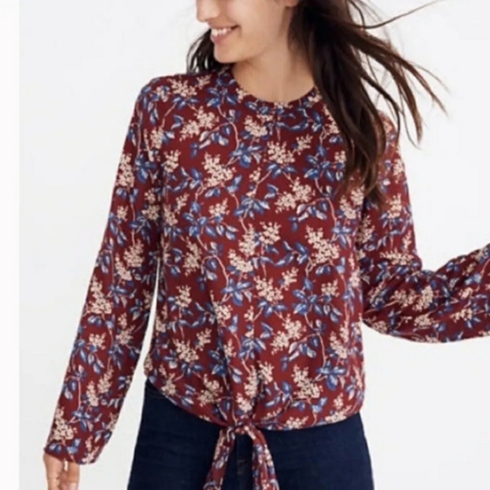 Madewell floral tie front long sleeve keyhole back blouse size M burgundy